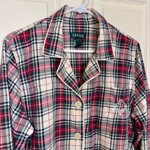 Lauren Ralph Lauren Plaid Pajama Top Long Sleeve Button Down Cotton Red Navy XL - Picture 2 of 6